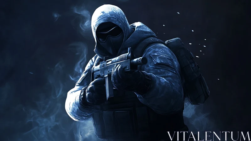 Armed tactical figure in hooded winter gear on dark field.