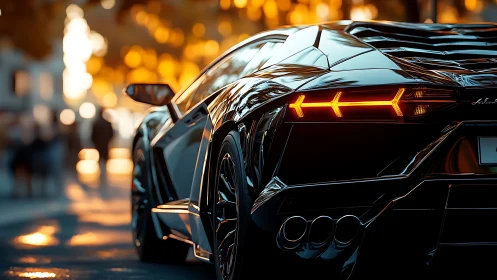 Golden hour shines on a sleek black supercar in the city