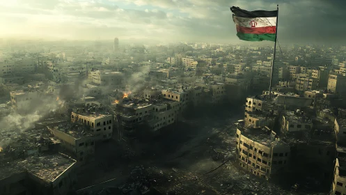 War-torn cityscape lies under smoke as lone flag rises high.
