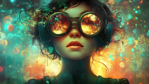 Girl with glowing goggles stares ahead in neon light