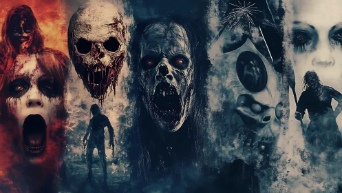 Grotesque undead portraits merge with skulls in infernal mist