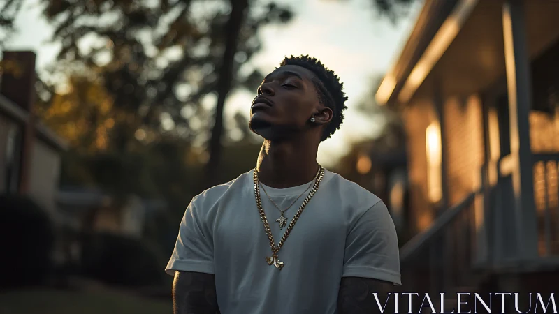 Male subject in residential street at sunset wearing chains.