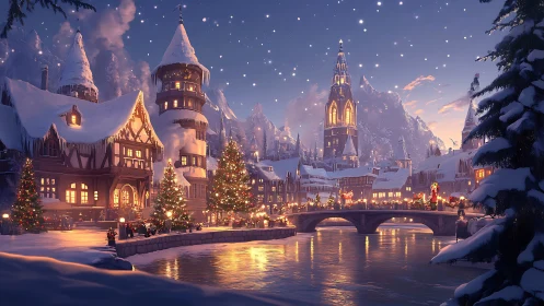 Digital painting of festive alpine town under snowfall at dusk.