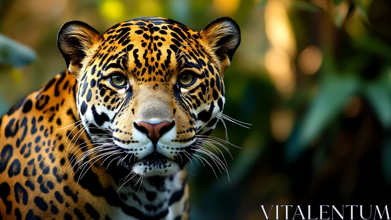 Portrait shows spotted wild cat in shallow depth of field