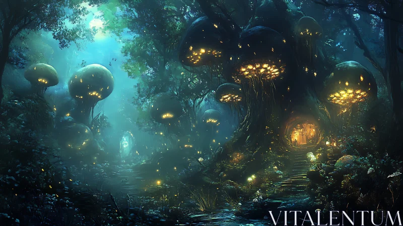 Bioluminescent forest habitat integrates giant fungi and carved tree