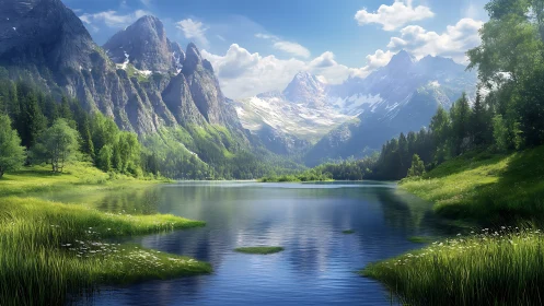 Mountain lake with conifer forest and distant snowy peaks.