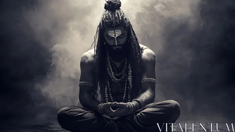 Meditating ascetic sits in smoky darkness with focused stillness