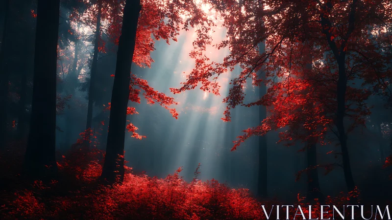 Autumn Forest Illuminated by Golden Sunlight Rays