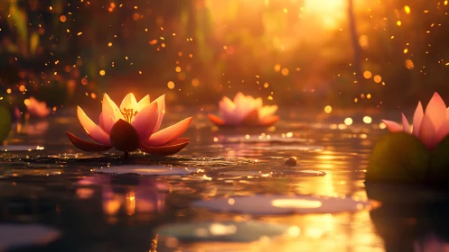 Glowing lotus flowers rest on tranquil pond at sunset light