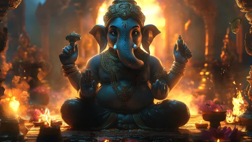 Divine Ganesha idol in cinematic warm temple firelight focus.