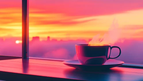Steaming coffee cup against vivid digital sunset sky.