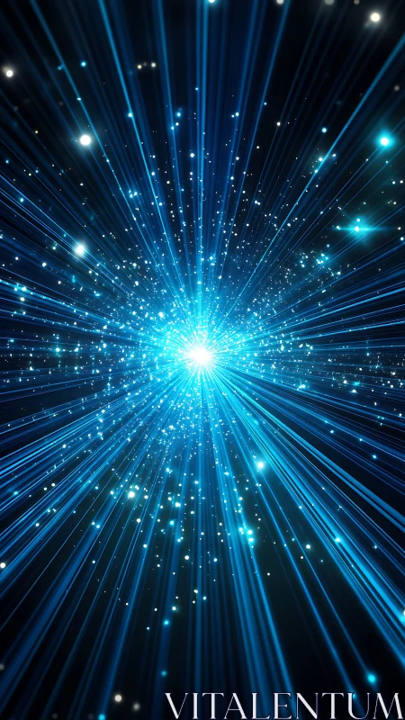 Radial blue light burst with linear beams and particles.