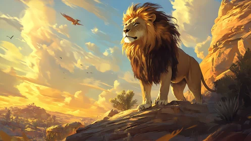 Lion standing on rocky ledge under warm sunset sky.