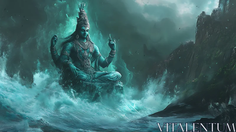 Mythic sea deity in storm-tossed turquoise waters. Period.