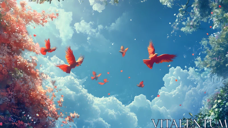 Vivid red birds soaring above clouds in a dreamy, fantasy landscape.