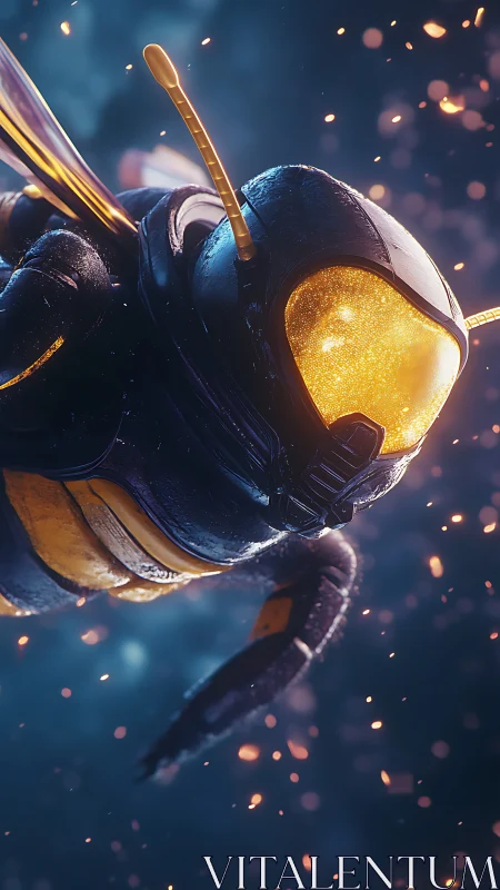Space-suited honeybee hero drifting through glowing embers.