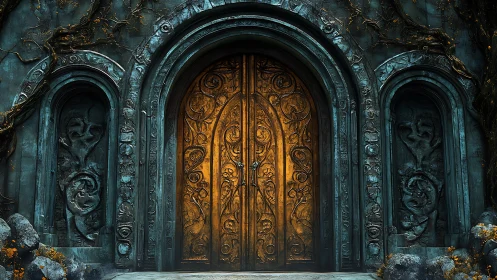 Ancient golden door glows within a mossy stone archway