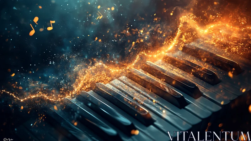 Piano keys with glowing musical energy and sparks.