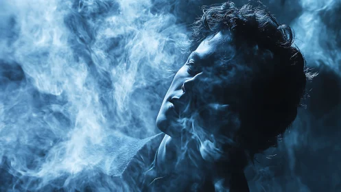 Smoke-draped profile in electric blue cinematic haze.