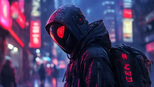 Cyberpunk hooded figure in neon rain-soaked city street.