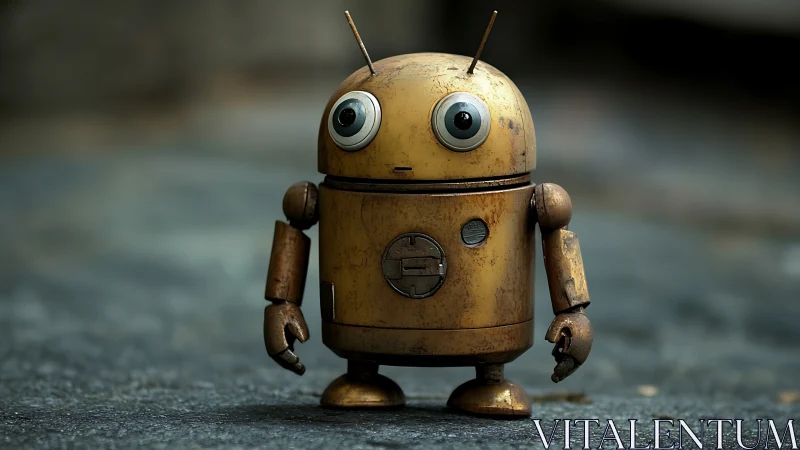 Weathered cylindrical robot with riveted joints and worn paint