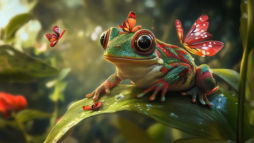 Vibrant rainforest frog rests with butterflies on glossy leaf