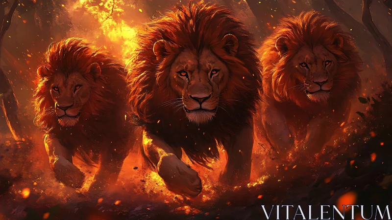 Three Lions Aflame in Fiery Savanna Wilderness Majestically