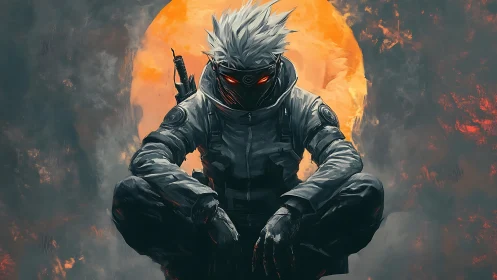 Silent masked warrior resting beneath a burning moon.