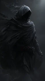 Mysterious hooded wraith drifting through shadowed mist.