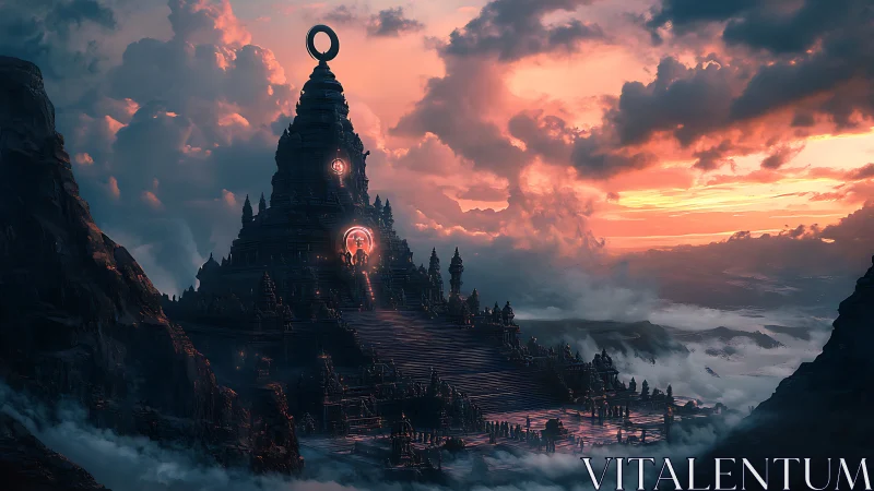 Tiered mountain temple with luminous runes under volumetric sunset