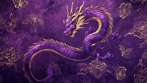 Violet imperial dragon coils through gilded floral dreams.