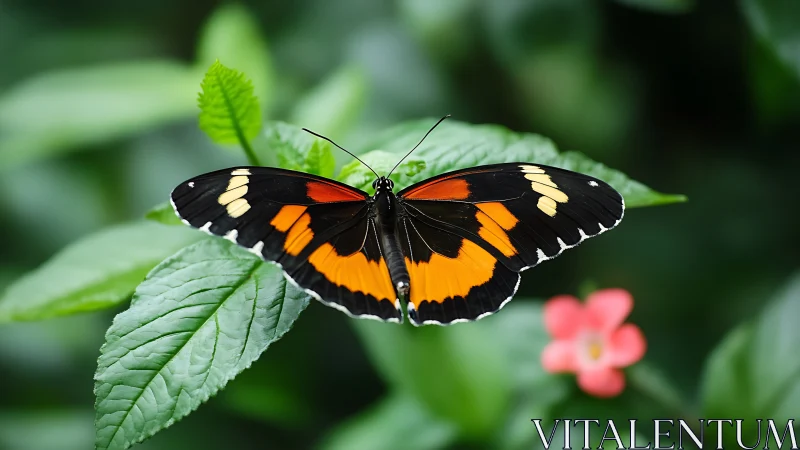 Black and orange butterfly on green foliage in soft focus.