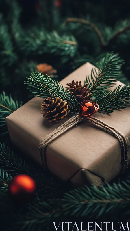 Gift wrapped in kraft paper with pine and cones on top.