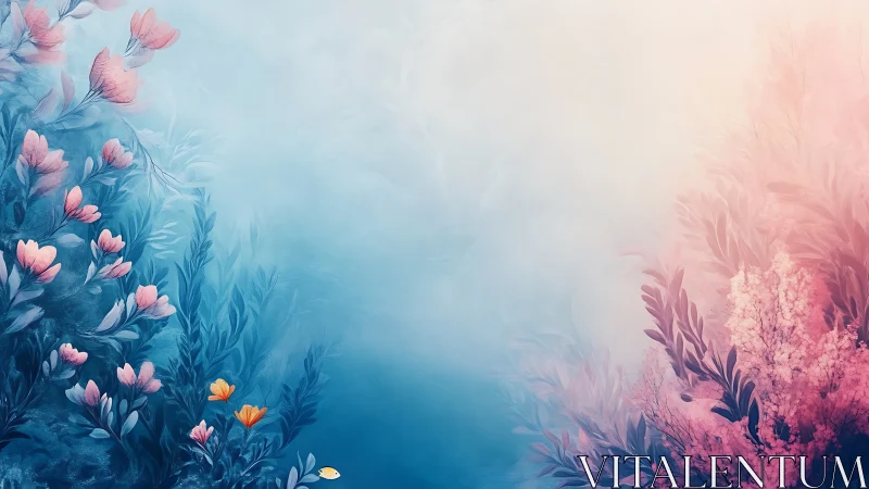 Bilateral Floral Gradient Composition with Pink and Blue Chromatic Transition