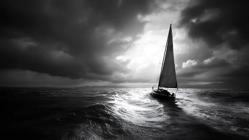 Storm-driven sailboat cutting through monochrome ocean swells.