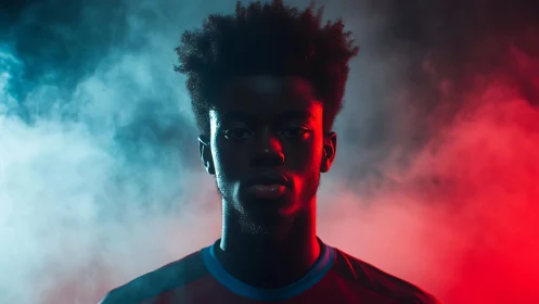 Portrait silhouette isolates young athlete in red blue smoke