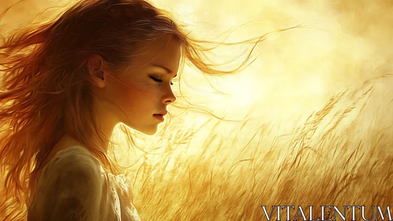 Sunlit girl in golden field breathes in quiet summer air.