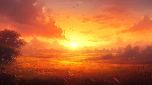 Digital landscape depicts sunset over distant open grassland