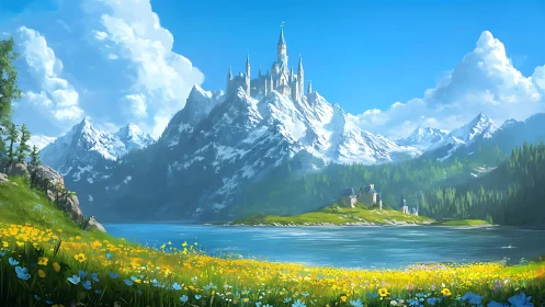 Sky-brushed alpine castle dreaming above wildflower shores.
