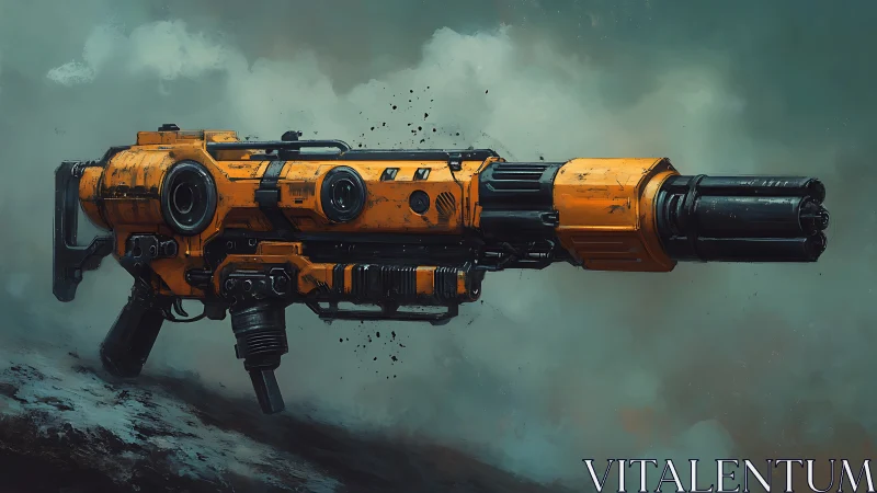 Futuristic orange sci fi rifle floats amid stormy battle fog
