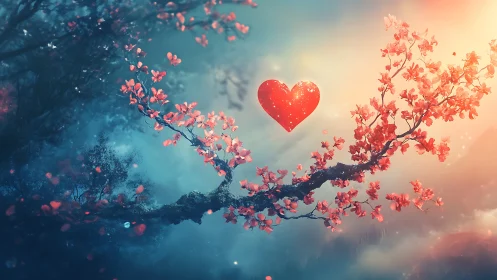 Flowering branch with central red heart symbol in atmospheric landscape.