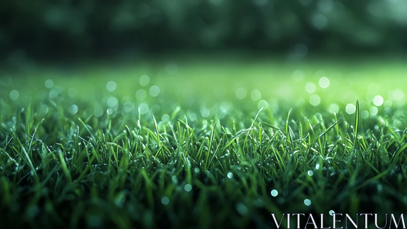 Morning dew on luminous grass in dreamy shallow focus.