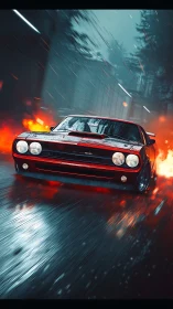 Red muscle car drifts through wet neon street in storm