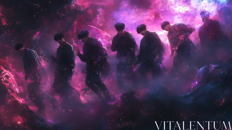 Multiple dark figures within luminous cosmic haze.