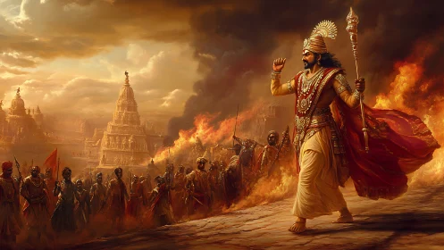 Warrior king leads armed procession past burning temples