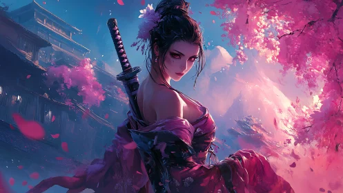 Samurai woman stands beneath glowing cherry blossoms at dusk