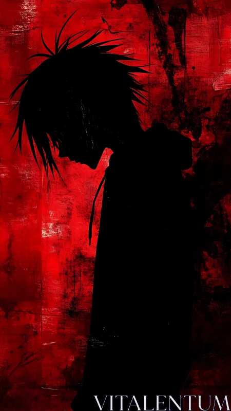 Silhouetted anime figure stands against distressed red void