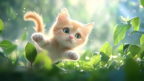 Orange and white kitten positioned among green foliage in natural lighting.