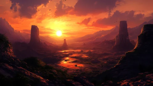 Sunlit desert canyon with mesas under blazing sunset sky.