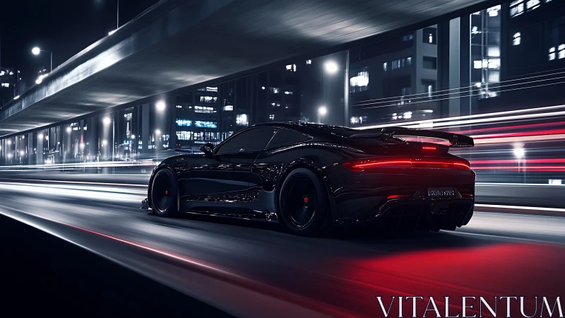 Midnight black supercar slices through neon city highway.